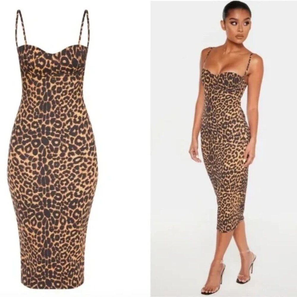 NWT PLT Leopard Print Strappy Cup Detail Midi Dress